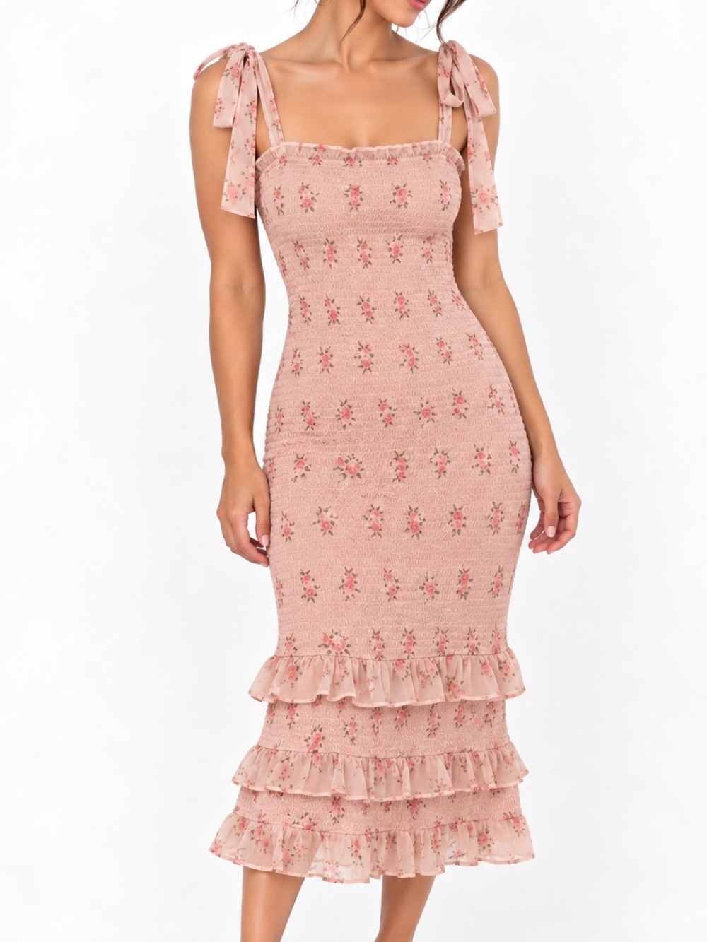 NWT - Abercrombie & Fitch Pink Floral Smocked Dress Ruffle Hem Cottagecore